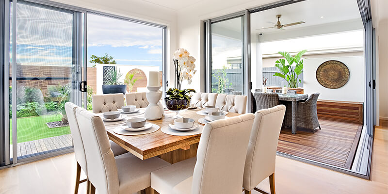 Modern dining room with patio doors