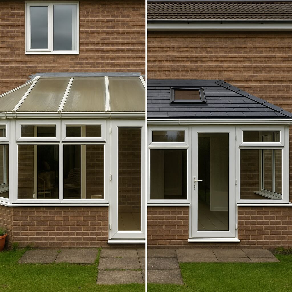 Side-by-side comparison of a conservatory before and after roof replacement, showing old polycarbonate roof on the left and modern tiled roof with skylight on the right.