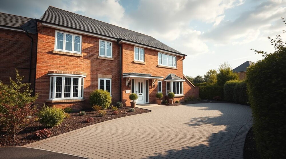 Detached red-brick house in Milton Keynes with white uPVC double glazed windows and a landscaped driveway