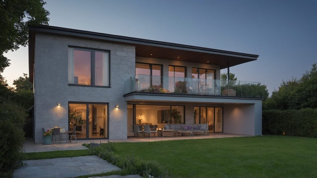 Modern two-story British home with double-glazed windows, balcony, and outdoor lighting at dusk.