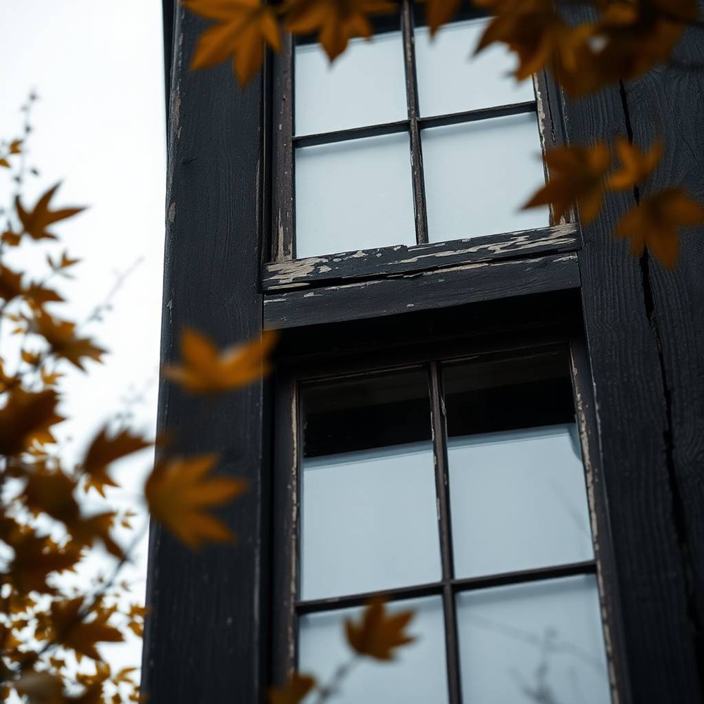 A worn wooden window with peeling paint framed by autumn leaves. This image demonstrates the ageing and deterioration of older windows, illustrating the need for replacements to maintain functionality and aesthetic appeal.