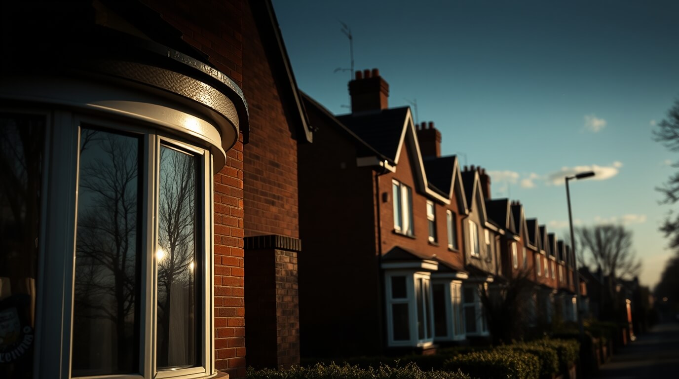 A row of traditional red-brick terraced houses in Milton Keynes with bay windows featuring double glazing, reflecting the bright summer sky and surrounding trees.