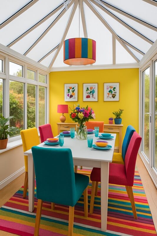Bright conservatory dining room with colourful table setting, flowers and white walls.