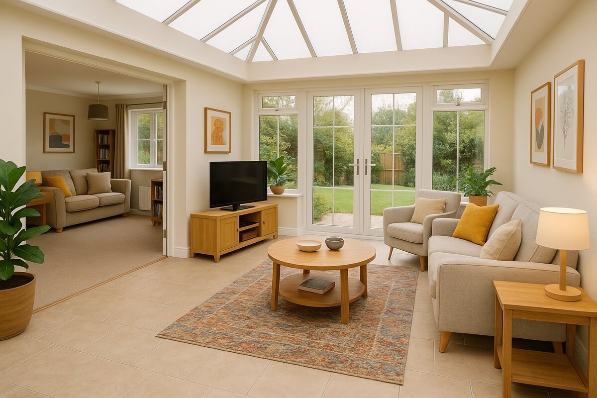 Conservatory family room with sofa, television, rug and soft neutral lighting.