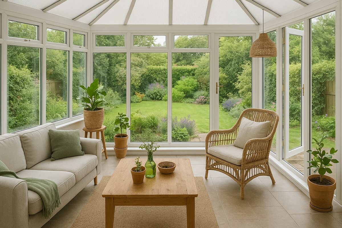 Conservatory garden room with rattan chairs, indoor plants and large windows overlooking greenery.