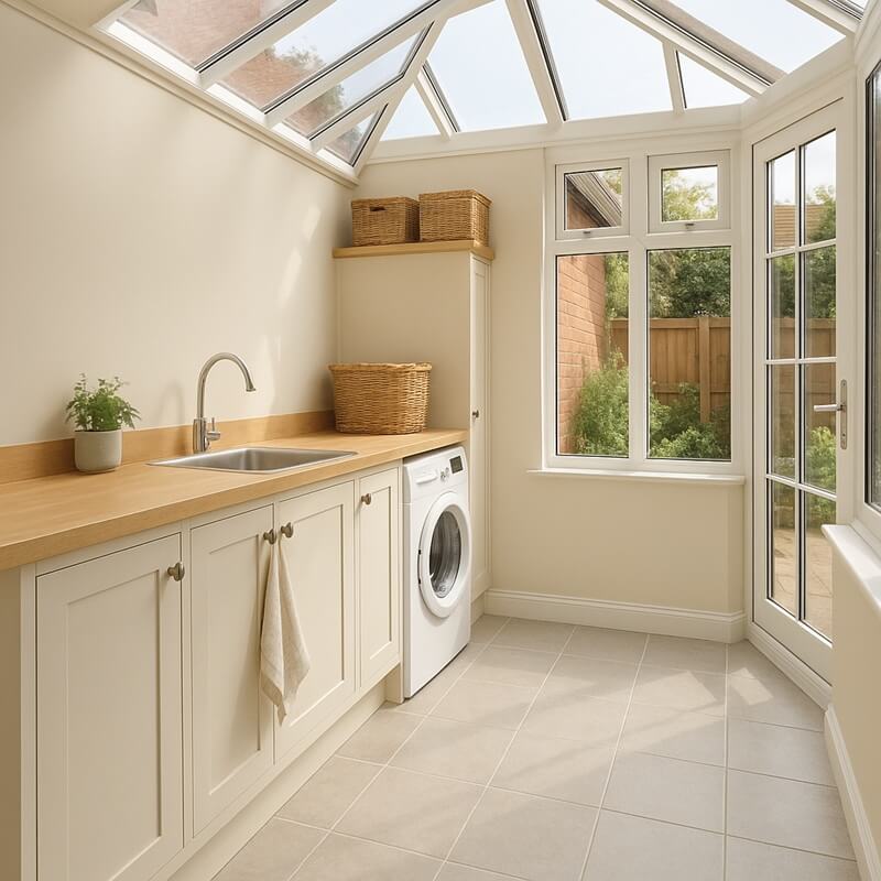 Conservatory converted into a utility room with washer, shelving and garden access.