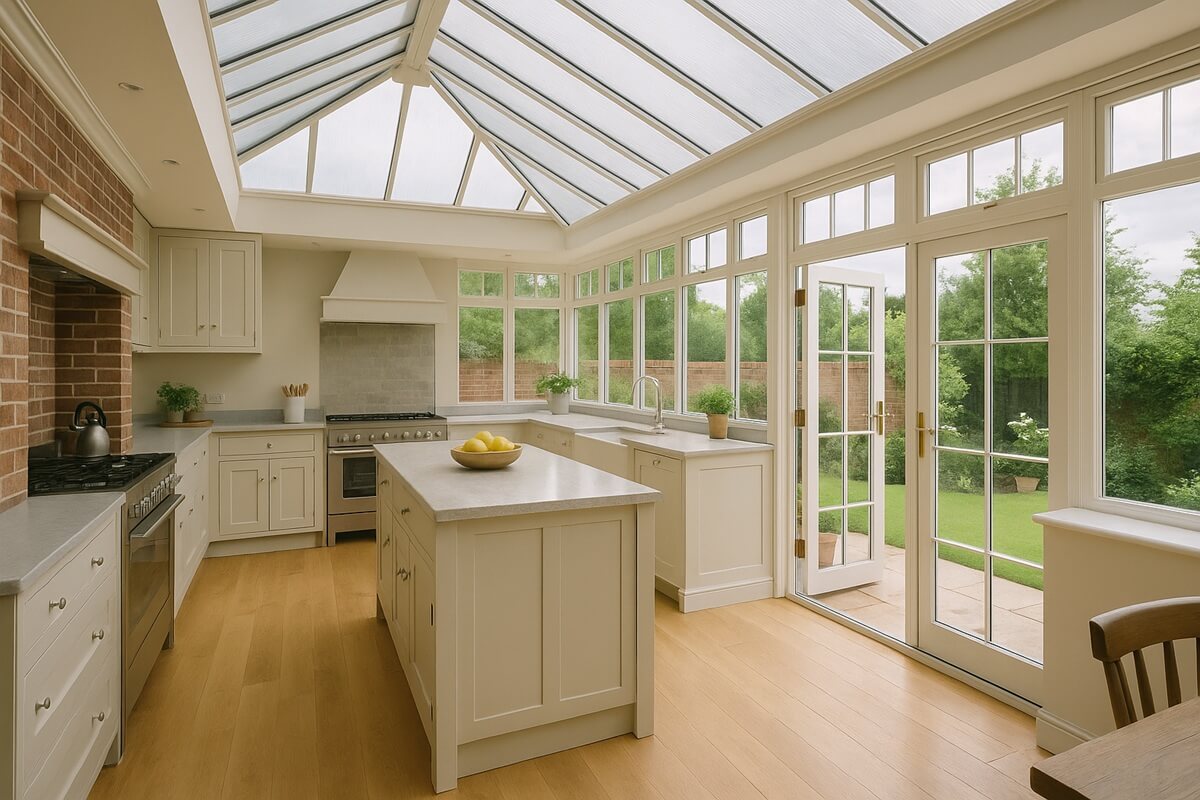 Modern conservatory kitchen extension with glass roof and large dining table.