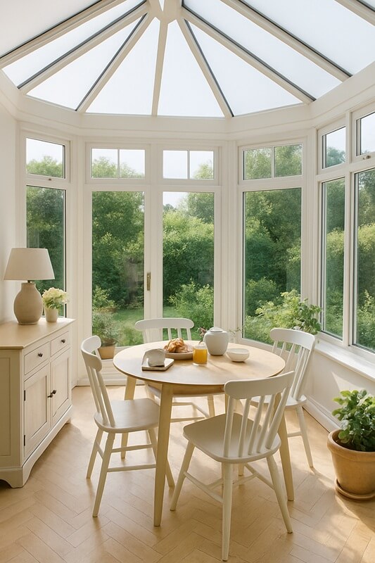 Conservatory breakfast room with wooden dining table, upholstered chairs and natural light from full glazing.