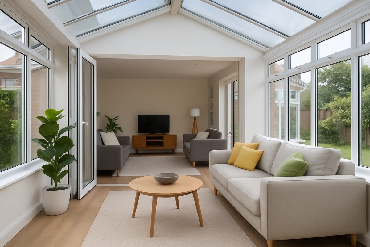 Open-plan conservatory living room with sofa, armchair and full-height windows.
