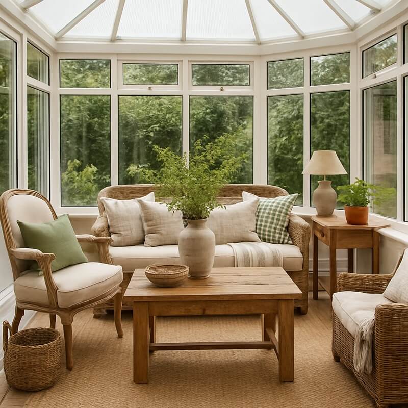 Country-style conservatory with rattan chairs, brick walls and neutral furnishings.