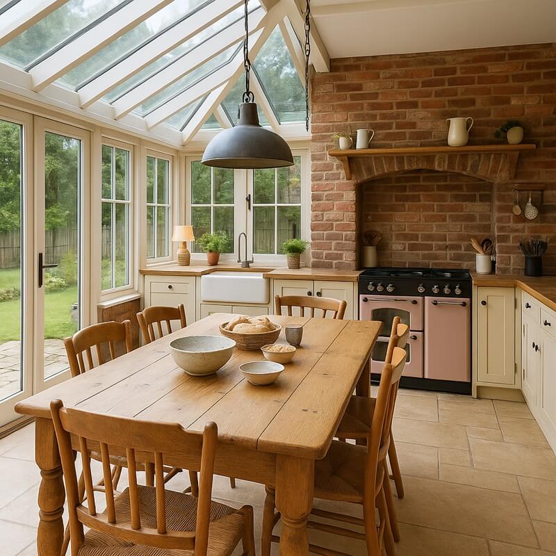 Rustic kitchen-diner in a conservatory with wooden furniture, brick wall and warm lighting.
